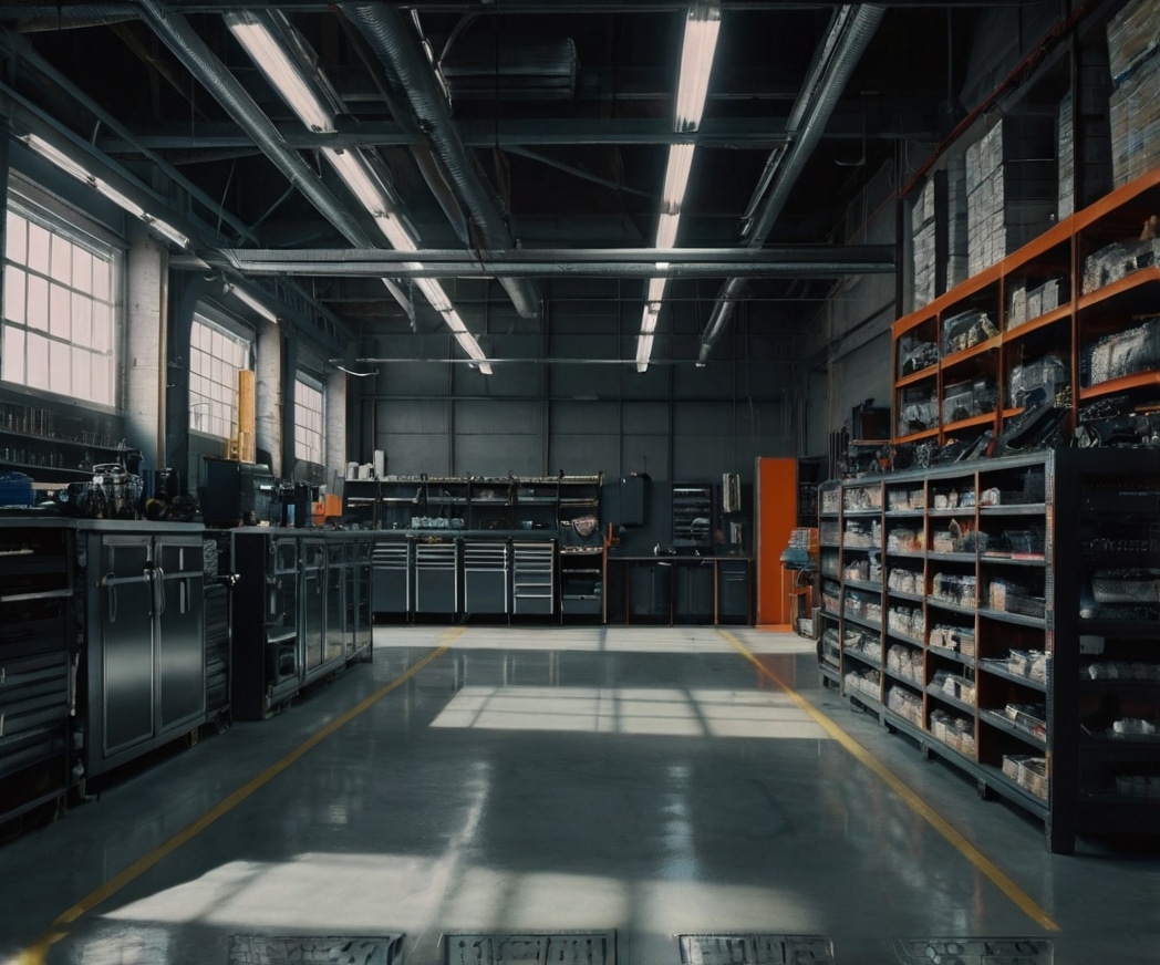 Spacious auto workshop with tools and shelves, featuring shiny floors and industrial lighting.