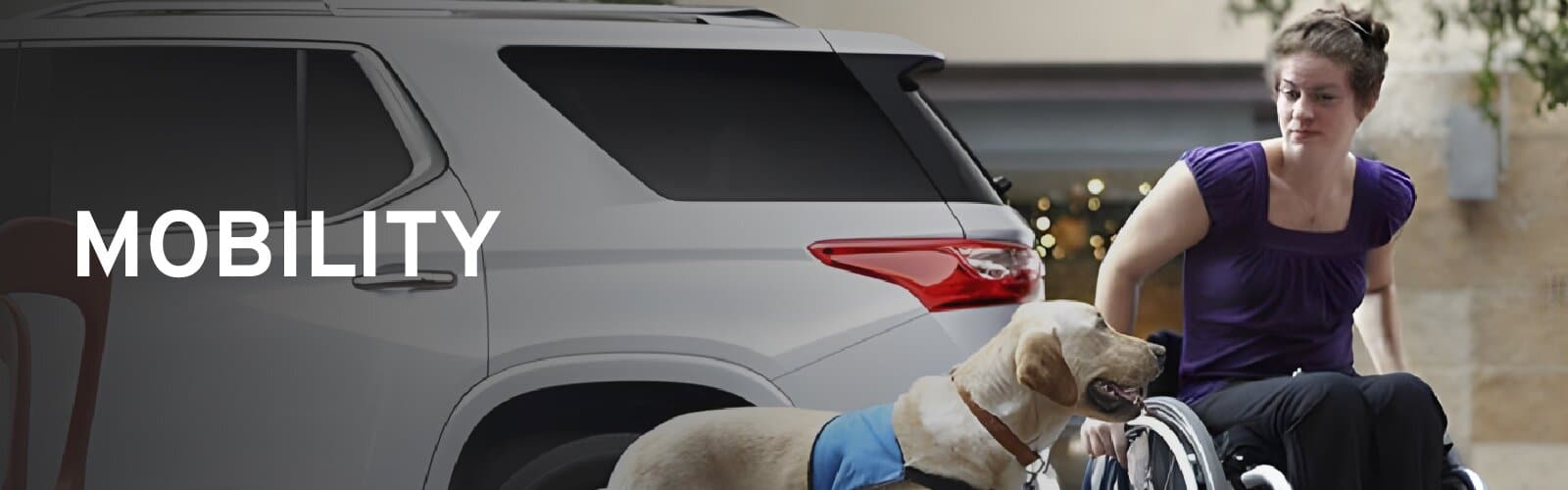 Woman in wheelchair with service dog near SUV, highlighting mobility support.