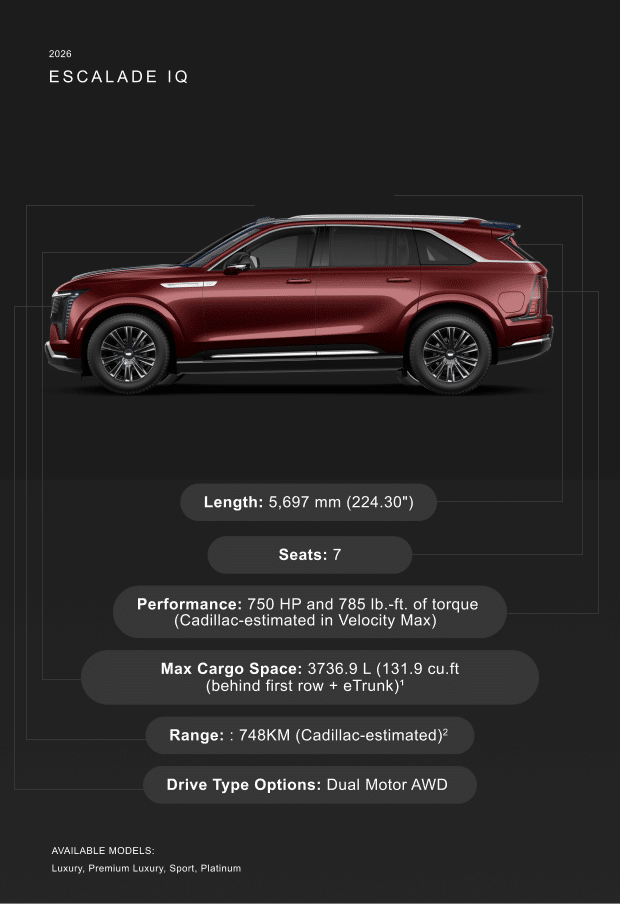 2026 Cadillac Escalade IQ in red, featuring specs like 750 HP, 3736.9L cargo, 748KM range, and dual motor AWD.